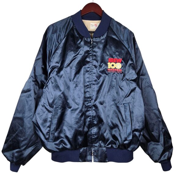 Vtg King Louie IBEW A Century of Service 1891-1991 Satin Bomber Jacket 2XL Blue - Picture 1 of 6